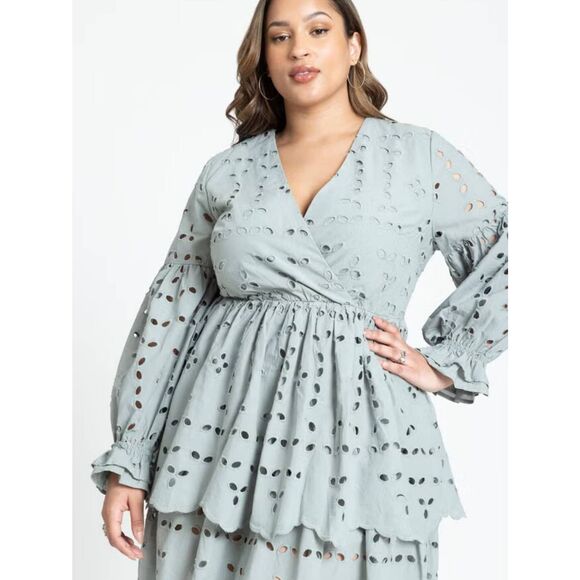 NWT Eloquii Women's Plus Size 16 Eyelet Flare Mini Dress in Grey Spruce - Picture 3 of 4